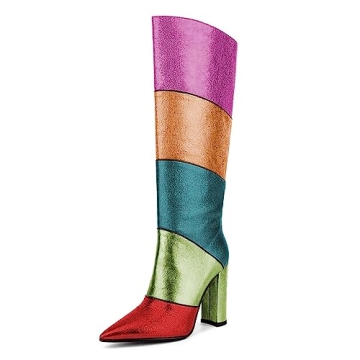 FSJ Women Multicolor Knee High Boots Chunky High Heel Pointed Toe Colorful Leather Stretchy Riding B...
