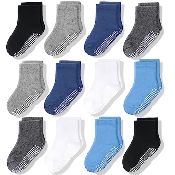 CozyWay Non-Slip Crew Grip Toddler Socks, 12 Pack for Boys, Black/Blue/Light Blue/Gray, 3-5 Years Ol...