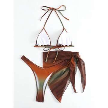 GORGLITTER Women's 3 Piece Swimsuits Triangle Bikini Set with Mesh Cover Up Beach Skirt Coffee Brown Small