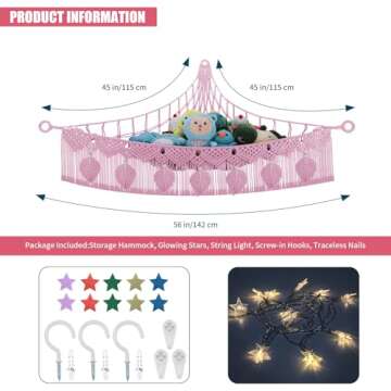 Stuffed Animal Storage Hammock Corner, 56'' Large Stuffed Animal Net Organizer for Teddy Plush Nursery Decor, Boho Macrame Leaf Toy Holder, Light Pink Toy Net w/ LED Star Light for Kid Girl Gift