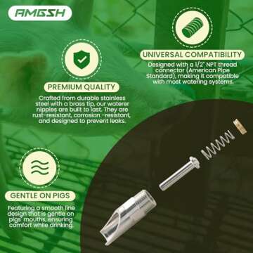 AMGSH 5Pack Pig Waterer Nipples, NPT 1/2" Stainless Steel Automatic Pig Nipple Drinker Feeder Hog Waterer for Sows Piglets Drinking