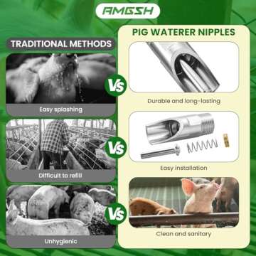 AMGSH 5Pack Pig Waterer Nipples, NPT 1/2" Stainless Steel Automatic Pig Nipple Drinker Feeder Hog Waterer for Sows Piglets Drinking