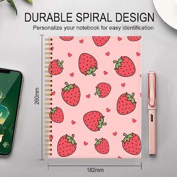 FVBAO Spiral Journal Notebook for Women,Cute A5 College Ruled Notebooks 6"x 8.4", 120 Pages Lined Journal with Premium Thick Paper,Perfect for School Office Home Gifts(Pink Strawberry)