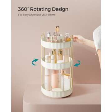 SONGMICS Makeup Organizer, 3-Tier Round Rotating Skincare Organizer Countertop, Customizable, Toiletries Vanity Organizer, Lazy Susan, Gift, Cloud White UJKA011W01