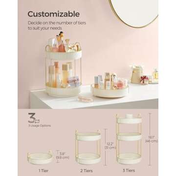 SONGMICS Makeup Organizer, 3-Tier Round Rotating Skincare Organizer Countertop, Customizable, Toiletries Vanity Organizer, Lazy Susan, Gift, Cloud White UJKA011W01