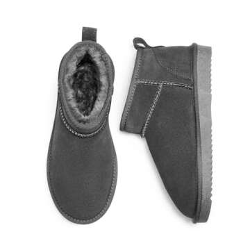 DREAM PAIRS Ankle Winter Mini Boots for Women Genuine Suede Faux Fur Lining Water Resistant Warm Snow Boots Slip On Memory Foam Comfort Booties FuzzyClassic,Size 8,Grey,SDSB2405W