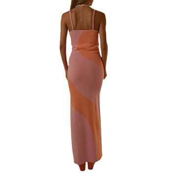 Fabumily Sexy Knit Bodycon Dress for Women Sleeveless Spaghetti Strap Cut Out Maxi Dress Backless Y2K Summer Beach Dresses (A- Pink & Orange, S)