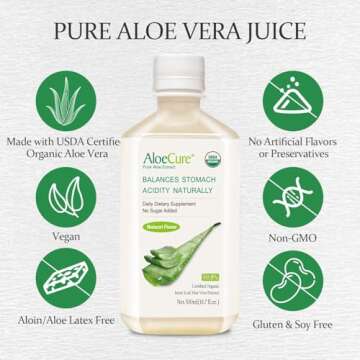 AloeCure USDA Organic Aloe Vera Juice Made Within 12 Hrs of Harvest - Pure Aloe Juice Natural Digestive Supplement to Support Digestion, Immune System and Balanced Stomach Acidity, 2 x 500ml Bottles