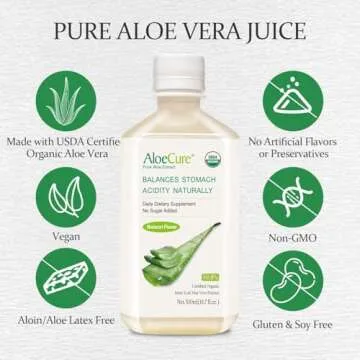 AloeCure USDA Organic Aloe Vera Juice Made Within 12 Hrs of Harvest - Pure Aloe Juice Natural Digestive Supplement to Support Digestion, Immune System and Balanced Stomach Acidity, 2 x 500ml Bottles