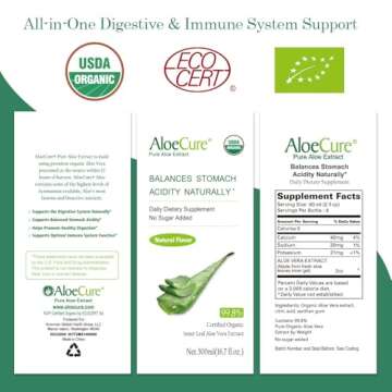 AloeCure USDA Organic Aloe Vera Juice Made Within 12 Hrs of Harvest - Pure Aloe Juice Natural Digestive Supplement to Support Digestion, Immune System and Balanced Stomach Acidity, 2 x 500ml Bottles