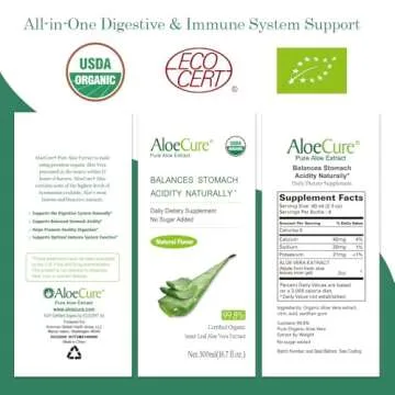 AloeCure USDA Organic Aloe Vera Juice Made Within 12 Hrs of Harvest - Pure Aloe Juice Natural Digestive Supplement to Support Digestion, Immune System and Balanced Stomach Acidity, 2 x 500ml Bottles