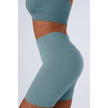 Gondola Blu Yoga Workout Outfit 2 Piece for Women, Seamless Tracksuit Ribbed Crop Tank Sport Bra With High Waist Shorts, Blue