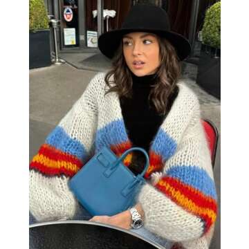 Yimoon Womens Oversized Chunky Cardigan Colored Striped Open Front Cardigan Top Lantern Long Sleeve Knit Sweater Coat(Beige-M)