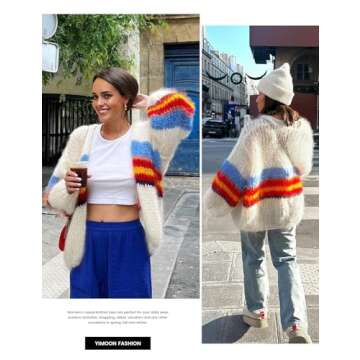 Yimoon Womens Oversized Chunky Cardigan Colored Striped Open Front Cardigan Top Lantern Long Sleeve Knit Sweater Coat(Beige-M)