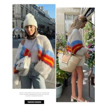 Yimoon Womens Oversized Chunky Cardigan Colored Striped Open Front Cardigan Top Lantern Long Sleeve Knit Sweater Coat(Beige-M)