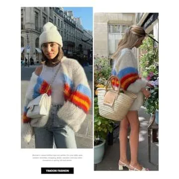 Yimoon Womens Oversized Chunky Cardigan Colored Striped Open Front Cardigan Top Lantern Long Sleeve Knit Sweater Coat(Beige-M)