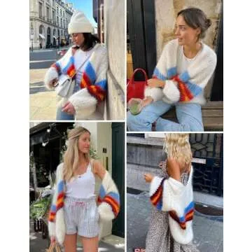 Yimoon Womens Oversized Chunky Cardigan Colored Striped Open Front Cardigan Top Lantern Long Sleeve Knit Sweater Coat(Beige-M)