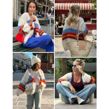 Yimoon Womens Oversized Chunky Cardigan Colored Striped Open Front Cardigan Top Lantern Long Sleeve Knit Sweater Coat(Beige-M)