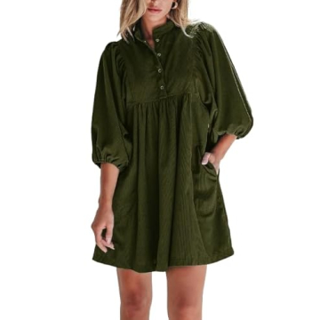 Womens Casual Dresses Corduroy Button Up Empire Waist Long Sleeve Fall Winter Mini Dress Vineyard Gr...