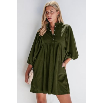 Womens Casual Dresses Corduroy Button Up Empire Waist Long Sleeve Fall Winter Mini Dress Vineyard Green S 1202