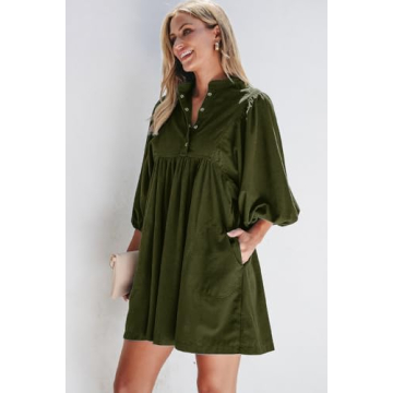 Womens Casual Dresses Corduroy Button Up Empire Waist Long Sleeve Fall Winter Mini Dress Vineyard Green S 1202