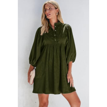 Womens Casual Dresses Corduroy Button Up Empire Waist Long Sleeve Fall Winter Mini Dress Vineyard Green S 1202