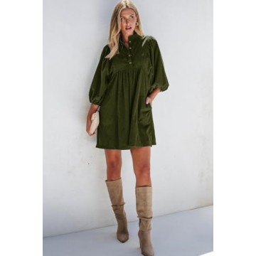 Womens Casual Dresses Corduroy Button Up Empire Waist Long Sleeve Fall Winter Mini Dress Vineyard Green S 1202