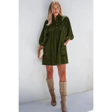 Womens Casual Dresses Corduroy Button Up Empire Waist Long Sleeve Fall Winter Mini Dress Vineyard Green S 1202