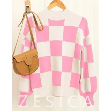 ZESICA Women's 2024 Casual Turtleneck Long Lantern Sleeve Oversized Ribbed Knit Pullover Sweater Jumper Top,PinkPlaid,Medium