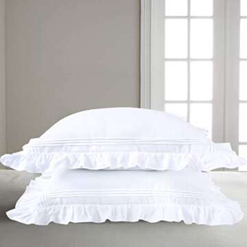White Pillow Shams Set of 2 Ruffled Queen Pillowcases Shabby Chic Lace Farmhouse Ruffle Country Fren...