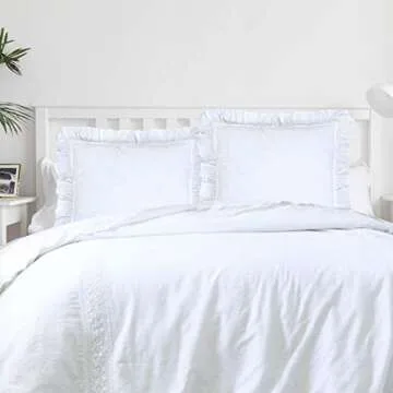 White Pillow Shams Set of 2 Ruffled Queen Pillowcases Shabby Chic Lace Farmhouse Ruffle Country French Victorian Princess Frilly Pillow Cover Protector Pure Cotton Pintuck Pretty Cute 20x30