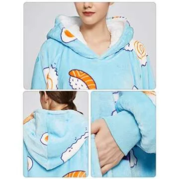 KFUBUO Wearable Blanket Hoodie for Adults Sherpa All Patterns Sushi Oversized Sweatshirt Blanket with Pockets Cute Birthday Gifts for Women
