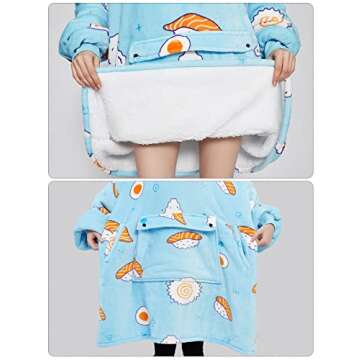 KFUBUO Wearable Blanket Hoodie for Adults Sherpa All Patterns Sushi Oversized Sweatshirt Blanket with Pockets Cute Birthday Gifts for Women