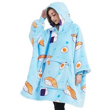 KFUBUO Wearable Blanket Hoodie for Adults Sherpa All Patterns Sushi Oversized Sweatshirt Blanket with Pockets Cute Birthday Gifts for Women