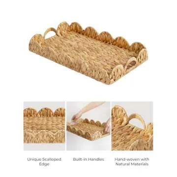Elegant Large Woven Wicker Serving Tray with Scalloped Edges