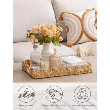 Elegant Large Woven Wicker Serving Tray with Scalloped Edges