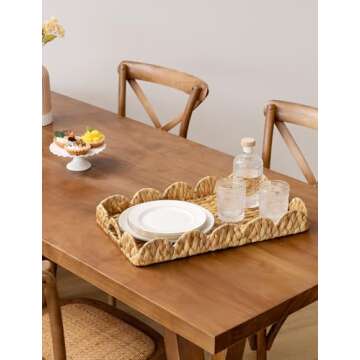 StorageWorks Large Wicker Scalloped Edge Serving Tray, Rectangle Tray with Built-in Handles, Hand-Woven Scalloped Rattan Tray, Wicker Trays for Décor, Natural Water Hyacinth