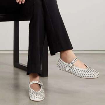 MICIFA Rhinestone Ballet Flats for Women, Sparkly Crystals Ballerina Shoes Buckle Strap Mary Jane Fl...