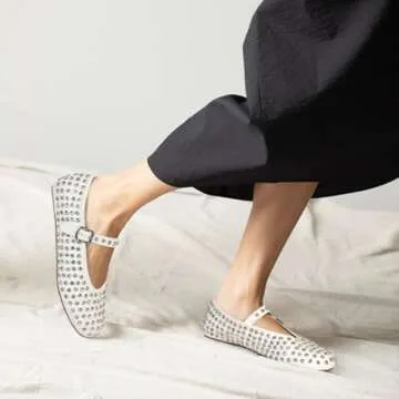 MICIFA Rhinestone Ballet Flats for Women, Sparkly Crystals Ballerina Shoes Buckle Strap Mary Jane Flats Round Toe Casual Dress Shoes White