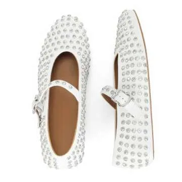 MICIFA Rhinestone Ballet Flats for Women, Sparkly Crystals Ballerina Shoes Buckle Strap Mary Jane Flats Round Toe Casual Dress Shoes White