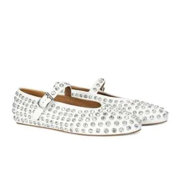 MICIFA Rhinestone Ballet Flats for Women, Sparkly Crystals Ballerina Shoes Buckle Strap Mary Jane Flats Round Toe Casual Dress Shoes White