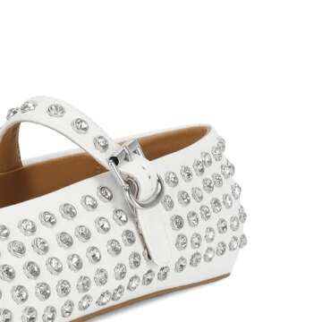 MICIFA Rhinestone Ballet Flats for Women, Sparkly Crystals Ballerina Shoes Buckle Strap Mary Jane Flats Round Toe Casual Dress Shoes White