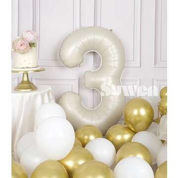 SUWEN 40 Inch Cream White Large 3 Number Balloons for Birthday Celebrations and Events