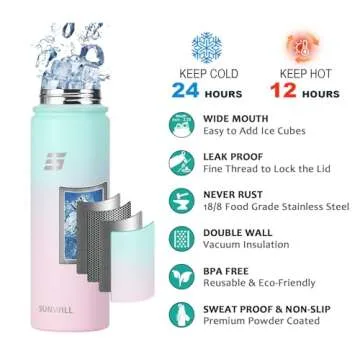 SUNWILL Insulated Water Bottle with Straw, Sports & Travel Water Bottle 22oz Double Walled Stainless Steel, Cup Holder Friendly, Reusable Thermal Wide Mouth Flask, Leak Proof BPA Free
