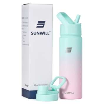 SUNWILL Insulated Water Bottle with Straw, Sports & Travel Water Bottle 22oz Double Walled Stainless Steel, Cup Holder Friendly, Reusable Thermal Wide Mouth Flask, Leak Proof BPA Free