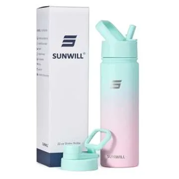 SUNWILL Insulated Water Bottle with Straw, Sports & Travel Water Bottle 22oz Double Walled Stainless Steel, Cup Holder Friendly, Reusable Thermal Wide Mouth Flask, Leak Proof BPA Free