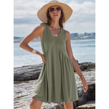 Caracilia Womens Summer Beach Cover Up Mini Dresses Casual Sleeveless Loose V Neck Swing Flowy Sundress Cruise Resort Wear Olive Large