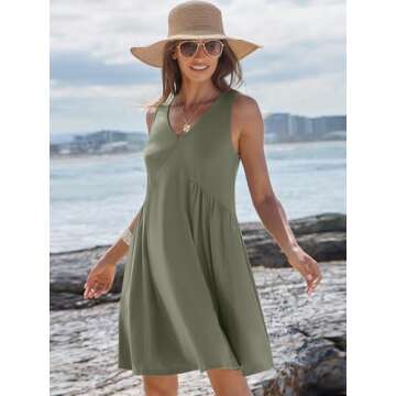 Caracilia Womens Summer Beach Cover Up Mini Dresses Casual Sleeveless Loose V Neck Swing Flowy Sundress Cruise Resort Wear Olive Large