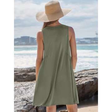 Caracilia Womens Summer Beach Cover Up Mini Dresses Casual Sleeveless Loose V Neck Swing Flowy Sundress Cruise Resort Wear Olive Large