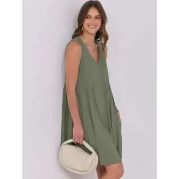 Caracilia Womens Summer Beach Cover Up Mini Dresses Casual Sleeveless Loose V Neck Swing Flowy Sundress Cruise Resort Wear Olive Large
